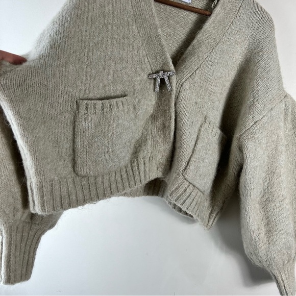 Zara Size M Light Green Puff Sleeve Slouchy Alpaca Blend Rhinestone Bow Cardigan - Picture 12 of 12